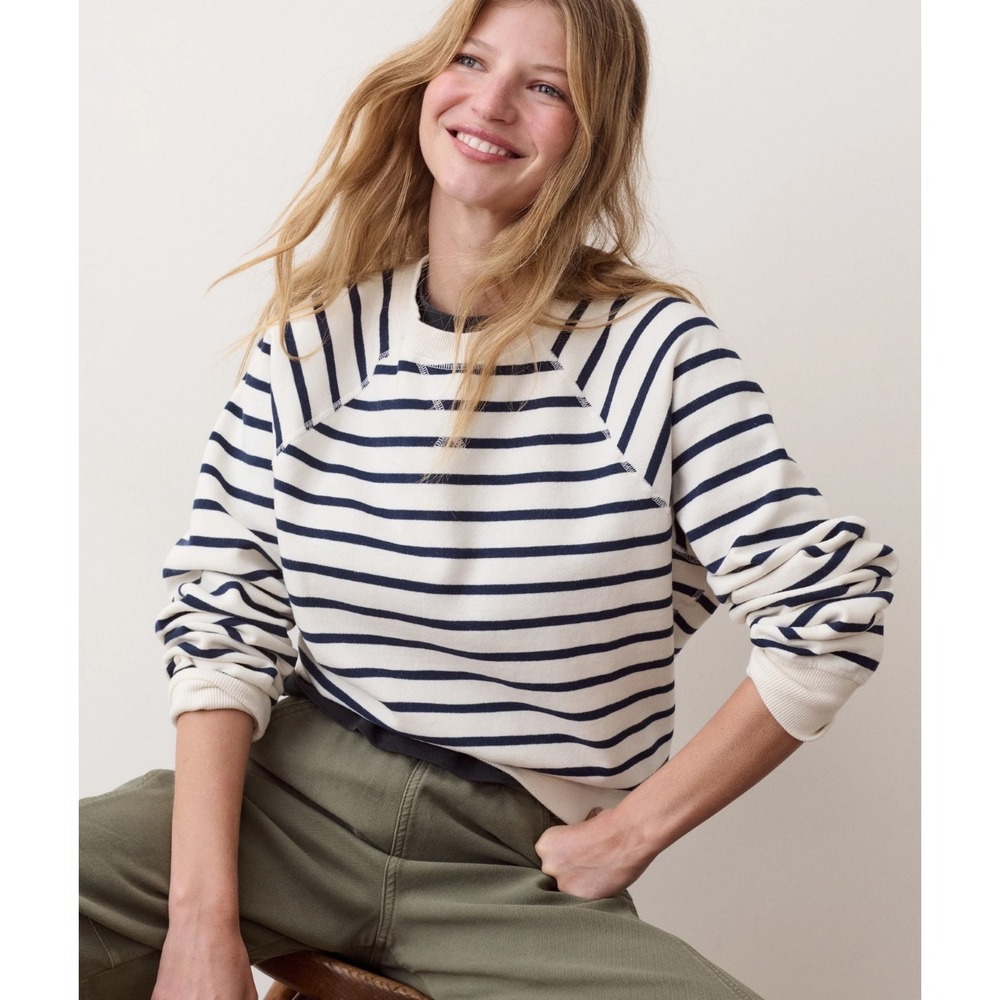 Marine Layer Cloud 9 Fleece Crewneck Reversable Sz M Cream $ Navy Stripe Lounge